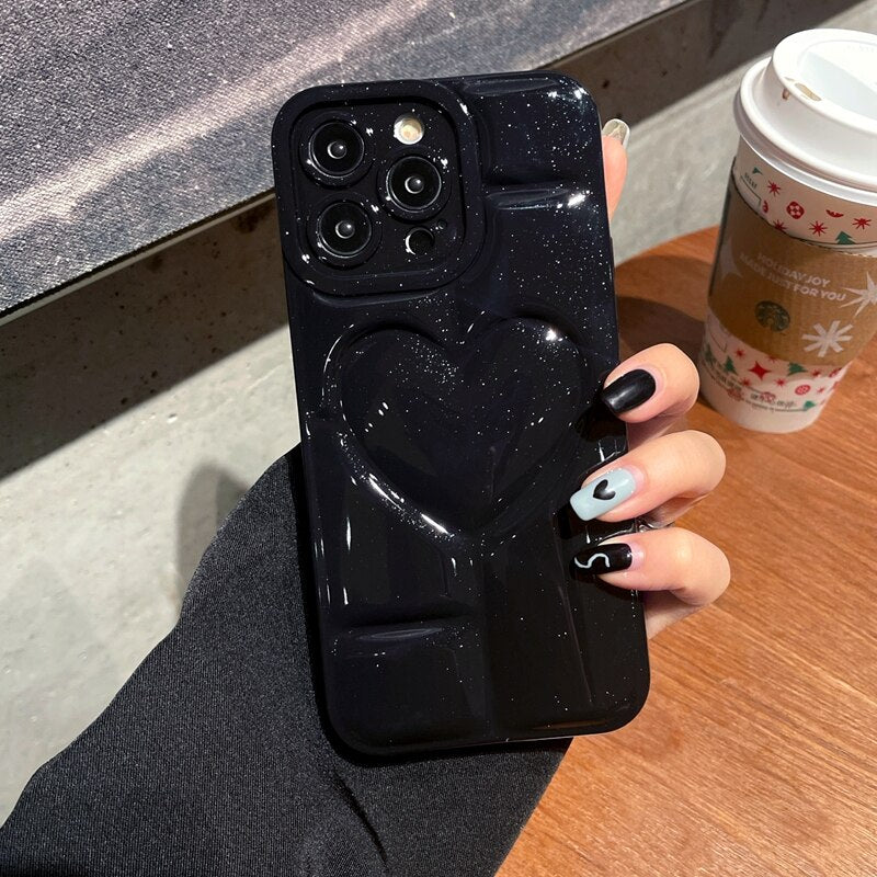 Glitter 3D Hollow Love Heart Camera Protection Soft Solid Color Silicone Funda Phone Case For iPhone 15 Pro Max