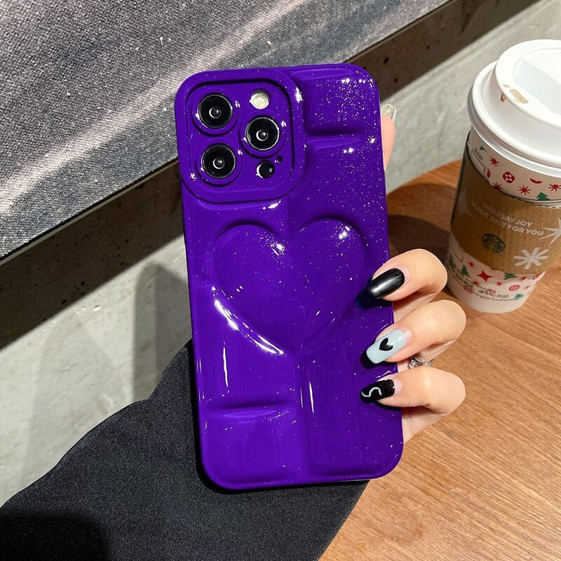 Glitter 3D Hollow Love Heart Camera Protection Soft Solid Color Silicone Funda Phone Case For iPhone 15 Pro Max