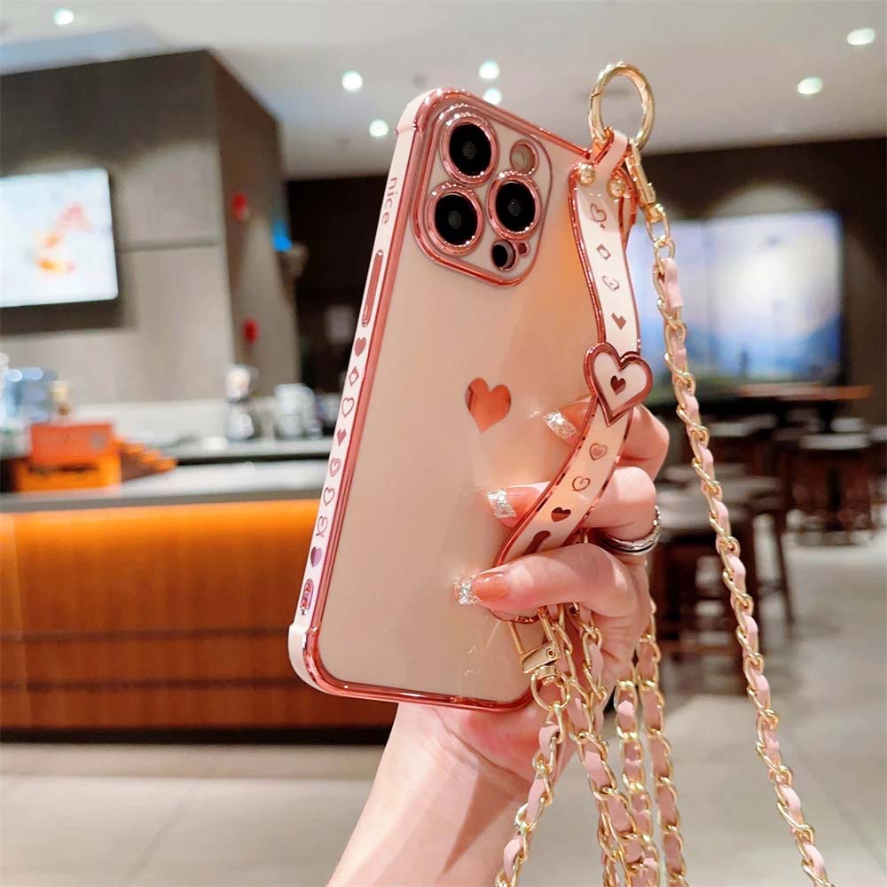 Soft Love Heart Necklace Wrist Strap Phone Case For iPhone