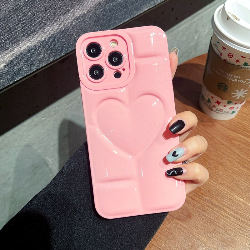 Glitter 3D Hollow Love Heart Camera Protection Soft Solid Color Silicone Funda Phone Case For iPhone 15 Pro Max