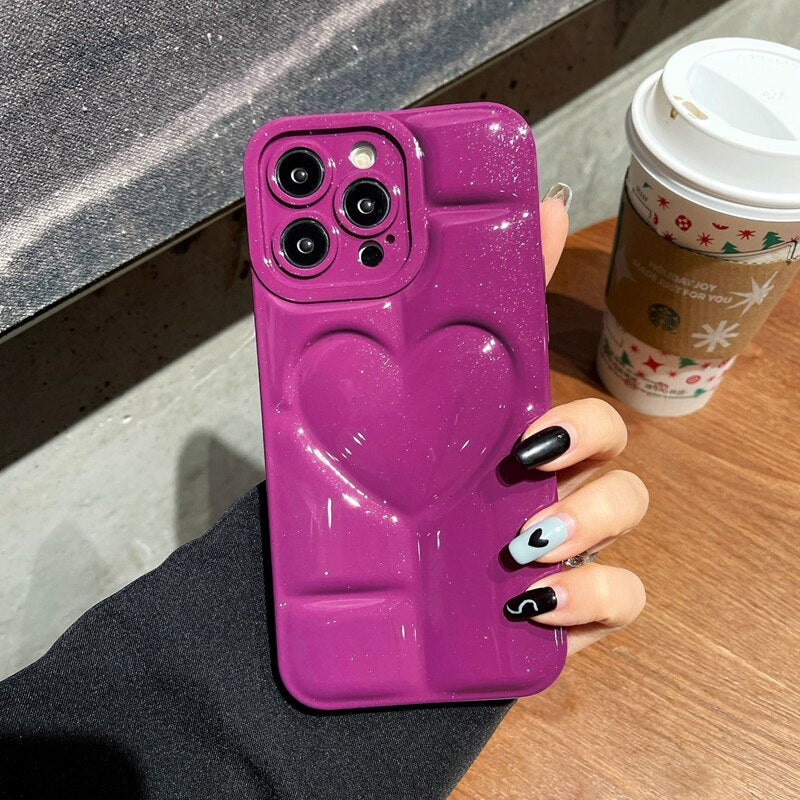 Glitter 3D Hollow Love Heart Camera Protection Soft Solid Color Silicone Funda Phone Case For iPhone 15 Pro Max