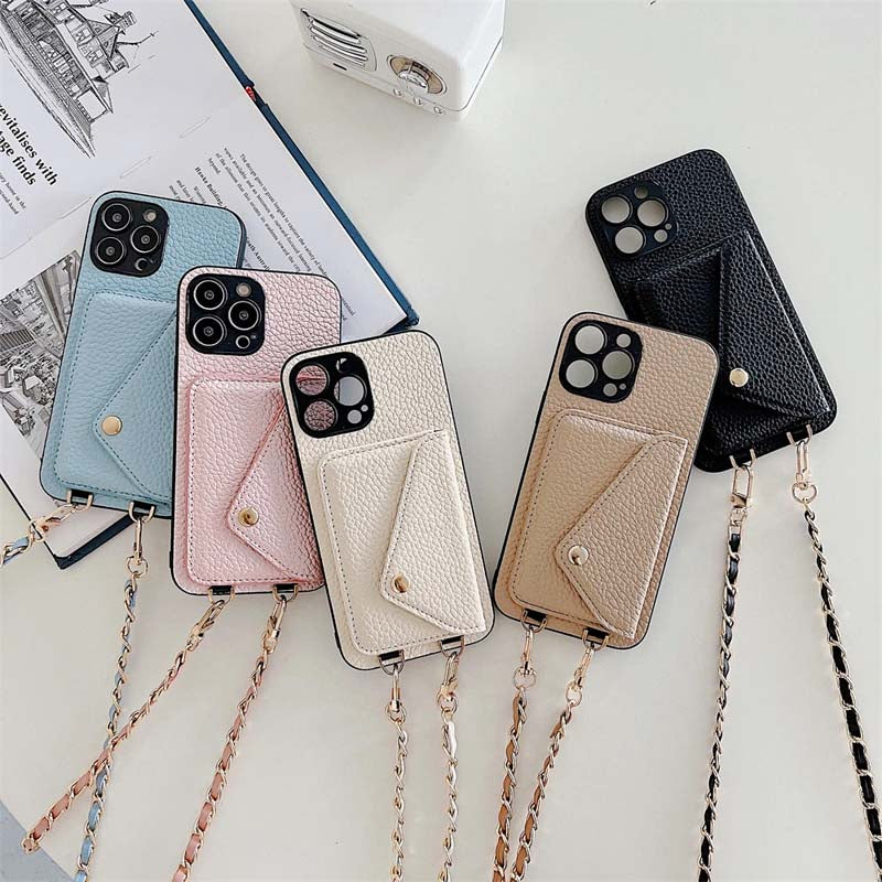 Wallet Metal Leather Crossbody Strap Phone Case For iPhone 14