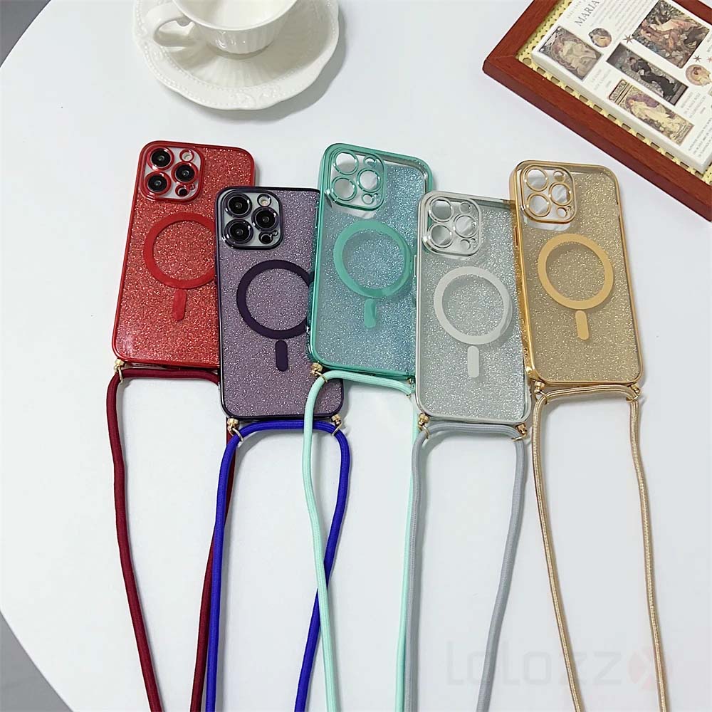 Magsafe Magnetic Glitter Clear Plating With Strap Phone Case For iPhone