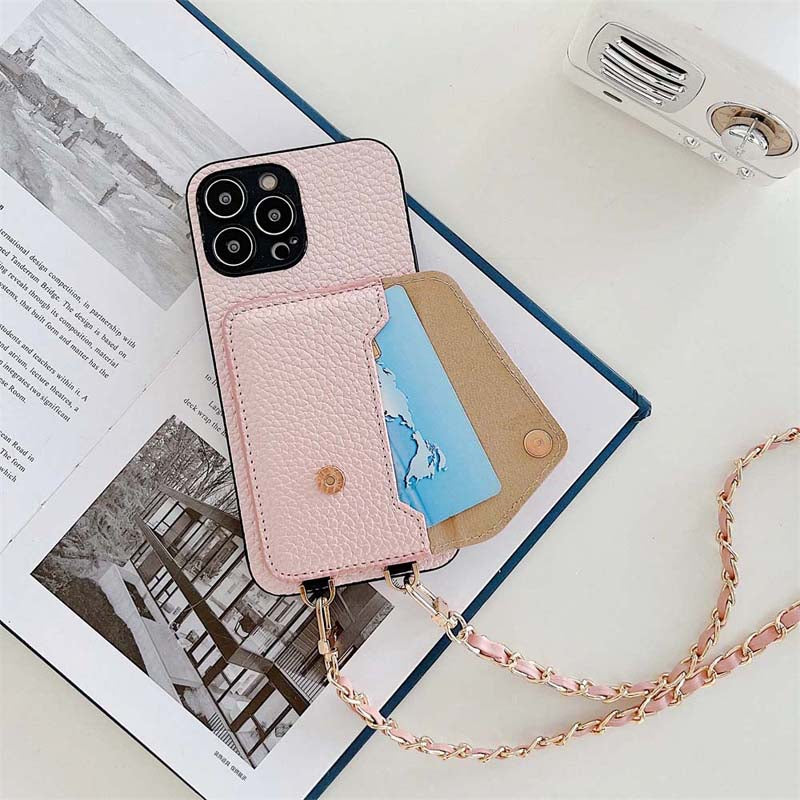 Wallet Metal Leather Crossbody Strap Phone Case For iPhone 14