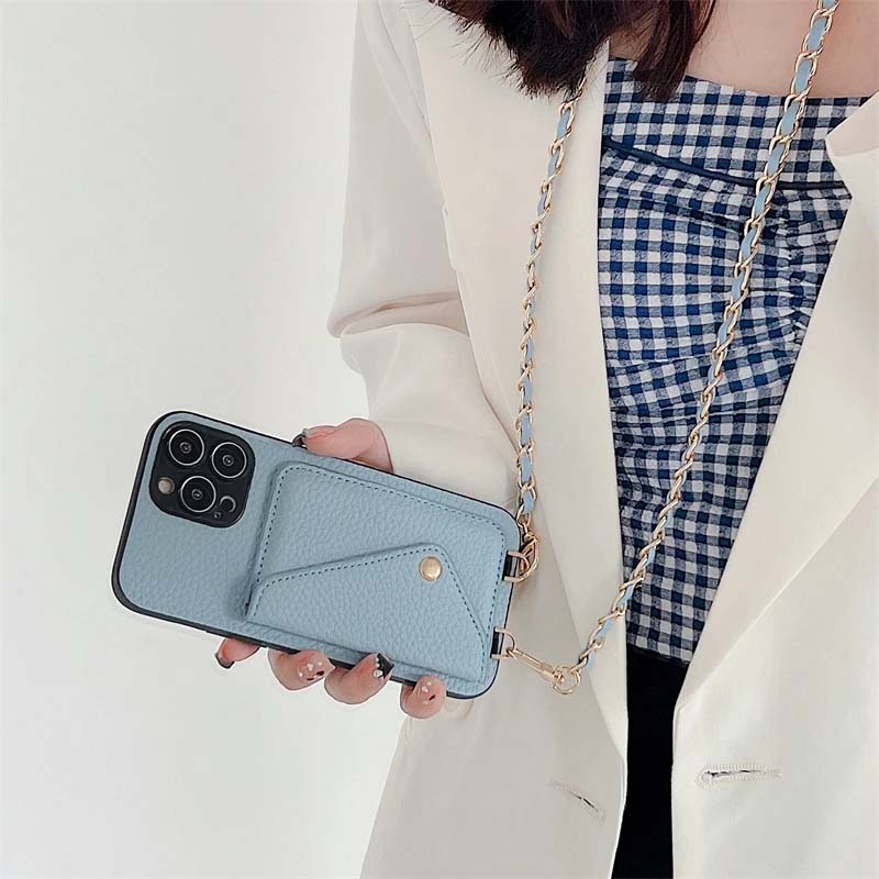 Wallet Metal Leather Crossbody Strap Phone Case For iPhone 14