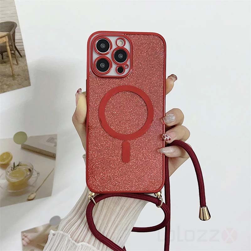 Magsafe Magnetic Glitter Clear Plating With Strap Phone Case For iPhone