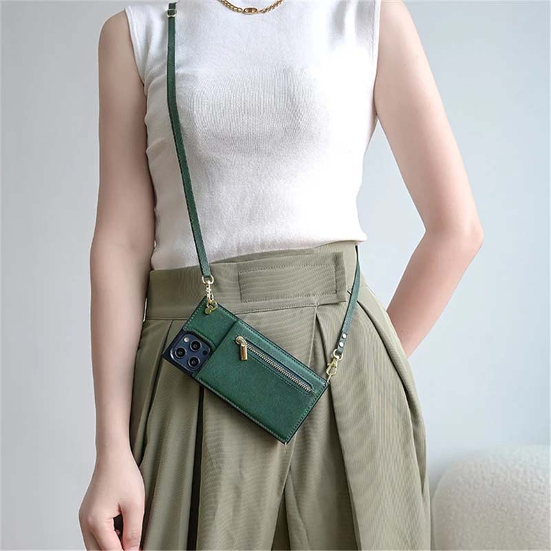 Card Holder Lanyard Cord Leather Wallet Phone Case For iPhone 15