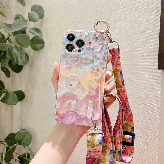 Glitter Flower Wrist Strap Holder Phone Case For iPhone