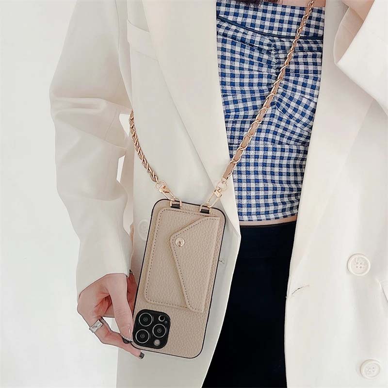 Wallet Metal Leather Crossbody Strap Phone Case For iPhone 14