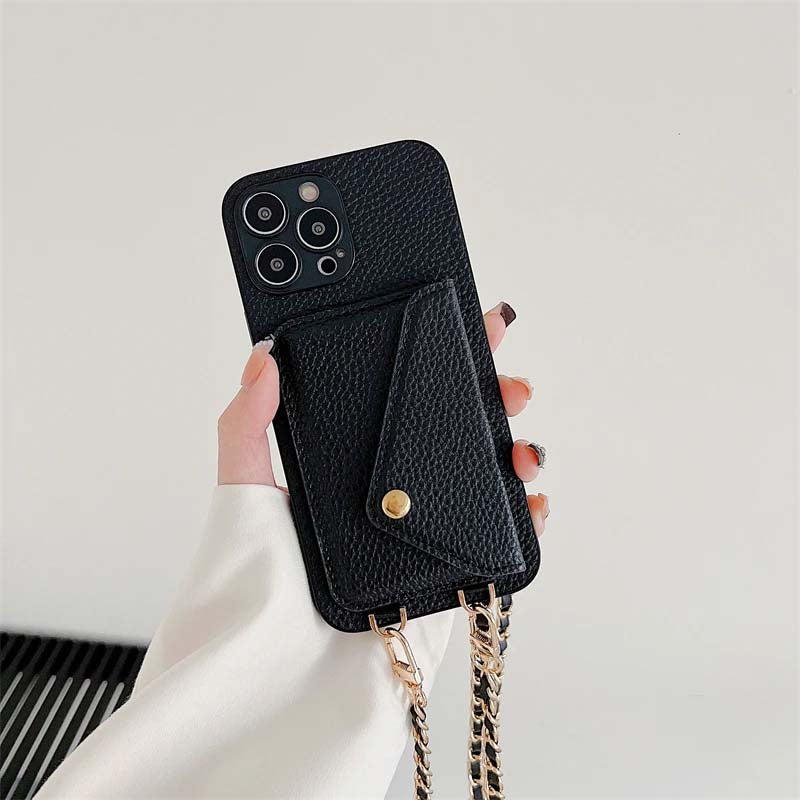 Wallet Metal Leather Crossbody Strap Phone Case For iPhone 14