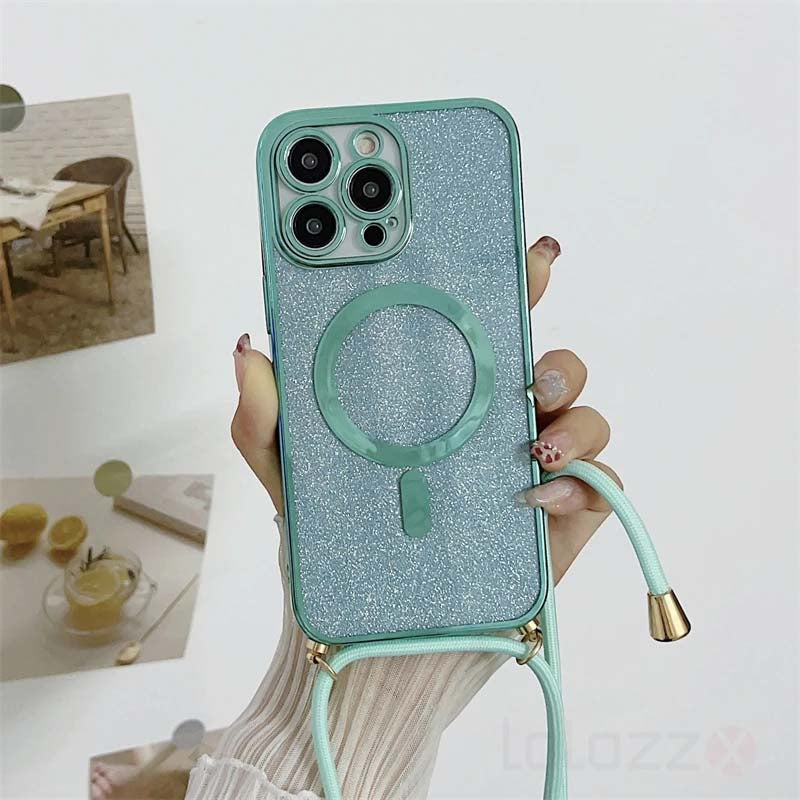 Magsafe Magnetic Glitter Clear Plating With Strap Phone Case For iPhone